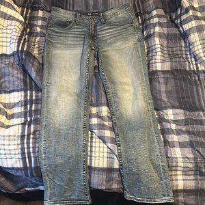 BKE Blue Straight Jeans with Distressed Wash and Thick Waistband